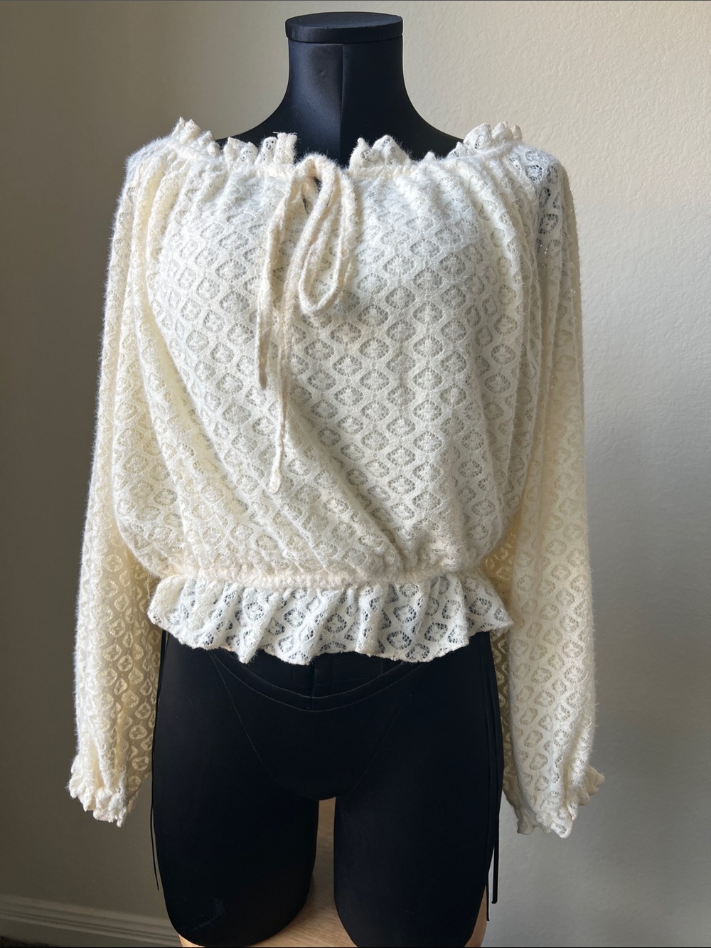 Pink Lily Cream Lace Peasant Blouse with Ruffle Hem